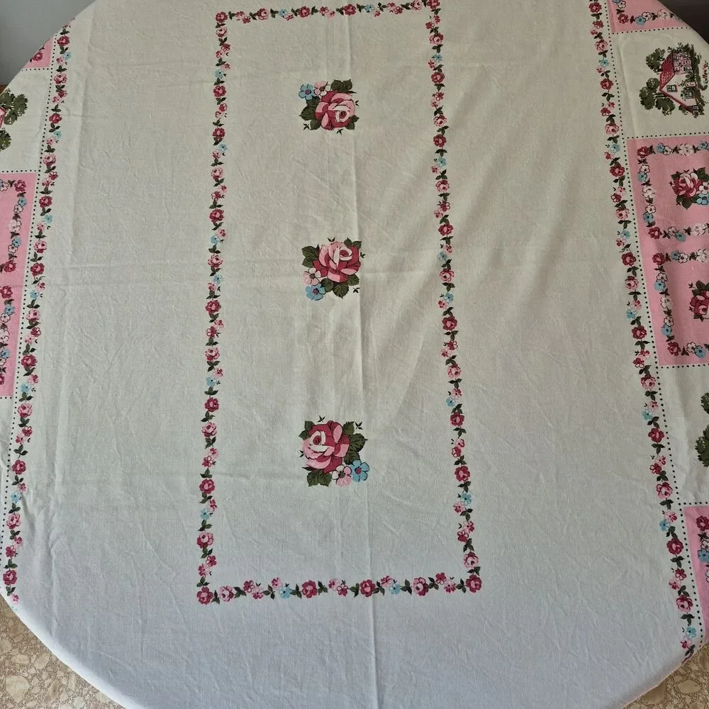 Vintage White Pink Cotton Floral Roses Cottagecore Square Tablecloth 54 x 76 IN